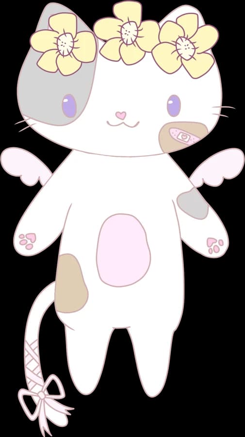 Delilah, a white calico cat with a crown of yellow potentilla flowers, amethyst eyes, small wings and a bandage on her cheek