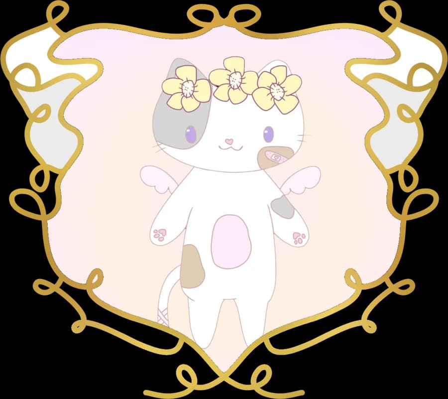 Delilah, Pagehealing's calico cat mascot, inside a gold ribbon frame